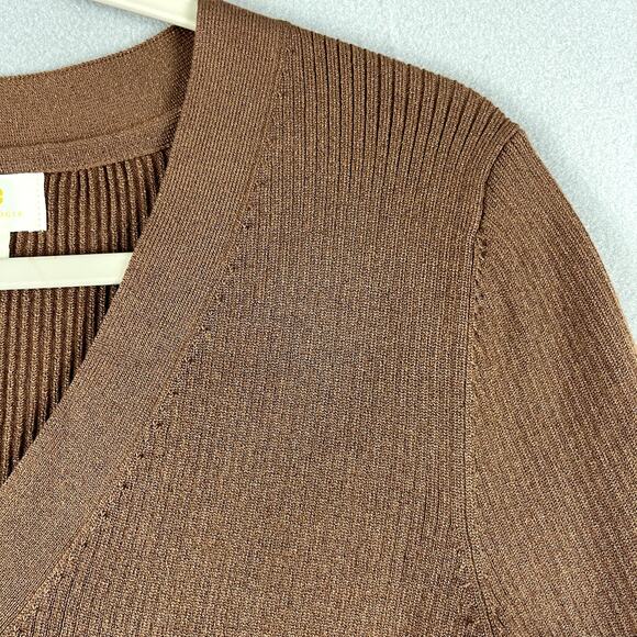 Anthropologie Maeve Thea Sweater Womens Large Brown Metallic Ribbed V Neck - Picture 9 of 16
